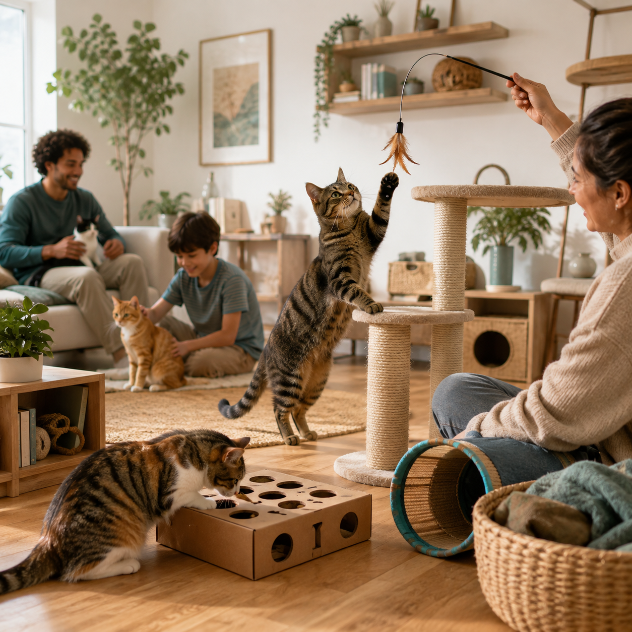 A multi-generational family bonds with their cats through play in a cozy living room, featuring a cat tree, puzzle feeder, and feather wand toy.