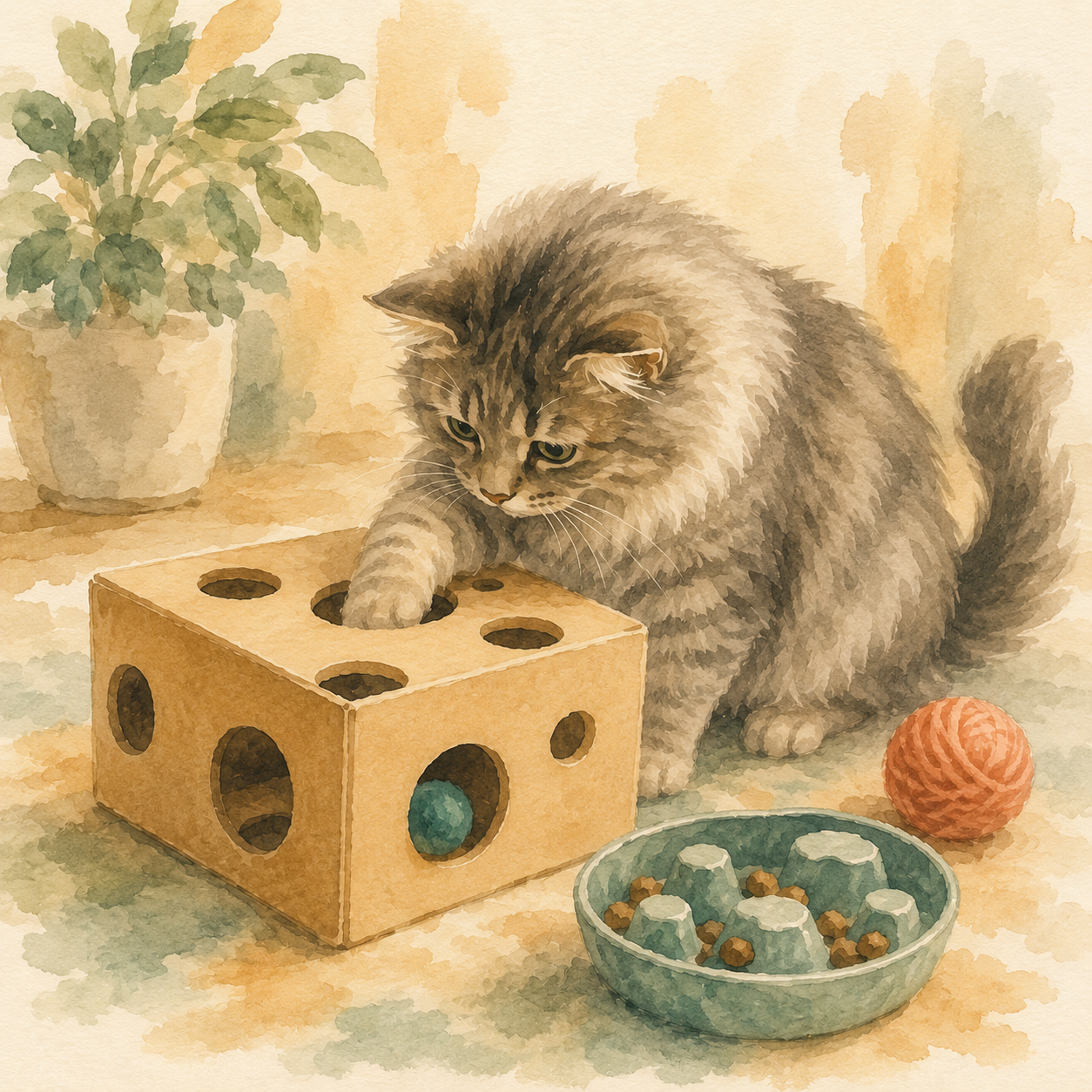 Illustration of a cat playing with a wooden puzzle feeder toy, representing cat enrichment